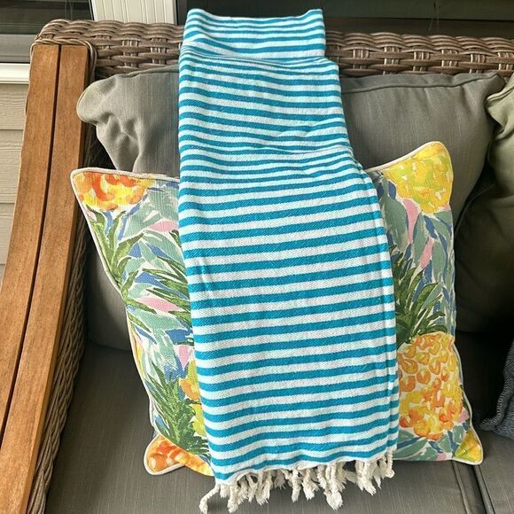 Riviera Striped Fringed Cotton Throw Blanket - Picture 1 of 6